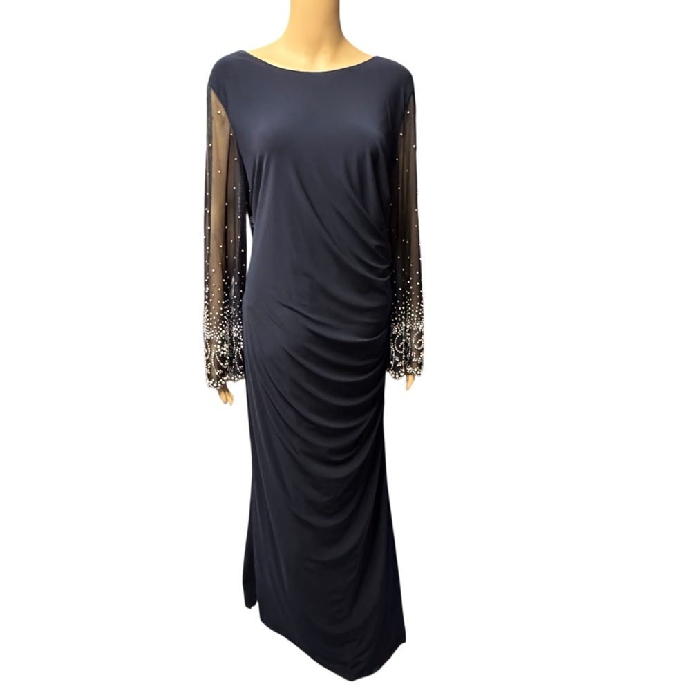 Cachet Navy Evening Gown with Embellished Sheer Sleeves